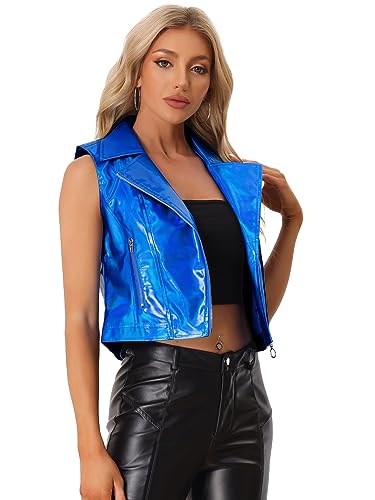 Allegra K Damen Jacke Metallic Ärmellos Reverskragen Reißverschluss Lederimitat Party Königsblau M von Allegra K