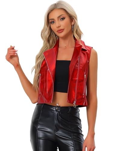 Allegra K Damen Jacke Metallic Ärmellos Reverskragen Reißverschluss Lederimitat Party Rot S von Allegra K