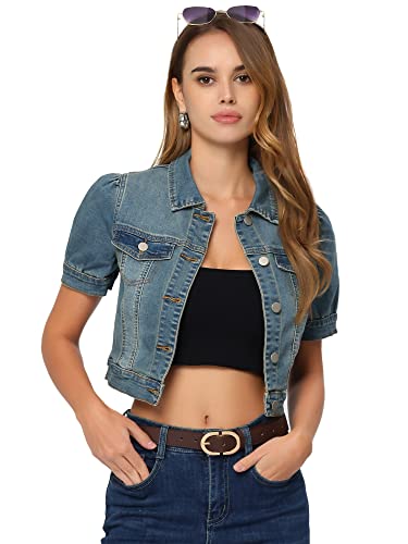 Allegra K Damen Jeansjacke Kurz Gewaschene Puff Washed-Look Crop Denim Übergangsjacke Blau M von Allegra K