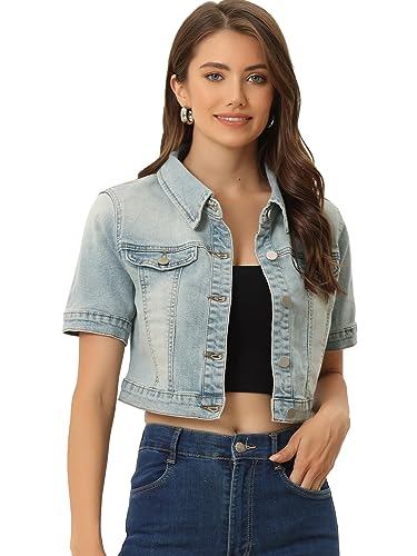 Allegra K Damen Jacket Kurzarm Knopfleiste Jeansjacke Crop Kurze Denim Jacke Hell Grau Blau XL von Allegra K