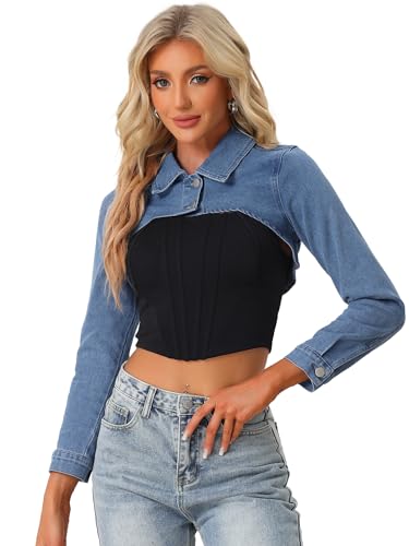 Allegra K Damen Jean Crop Top mit 2 Knöpfen und langen Ärmeln Jeansjacken Blau S von Allegra K