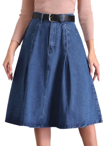 Allegra K Damen Jeans Faltenrock Hohe Taille A-Linie Taschen Klassischer Midirock mit Gürtel Blau XS von Allegra K