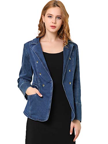 Allegra K Damen Jeans Jacke Revers Langarm Work Office Jeansjacke Taschen Denim Blazer Dunkelblau XL von Allegra K