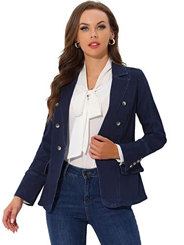 Allegra K Damen Jeans Jacke Revers Langarm Work Office Jeansjacke Taschen Denim Blazer Schwarz Blau XL von Allegra K