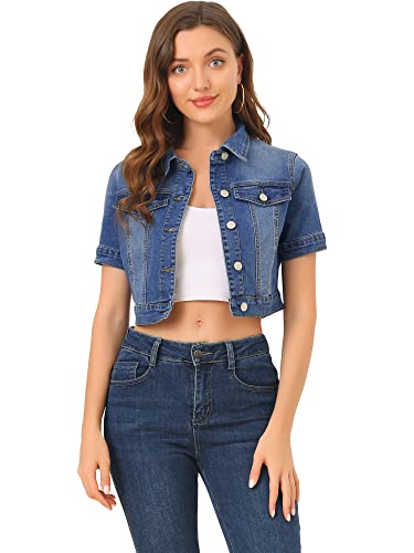 Allegra K Damen Jeans Jacken Casual Kurzarm Crop Denim Jacke, blau, 42 von Allegra K