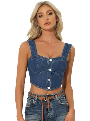 Allegra K Damen Jeans-Korsett-Tops, Ärmelloses Bustier-Jeans-Crop-Tanktop Mit Knopfleiste Dunkelblau S von Allegra K