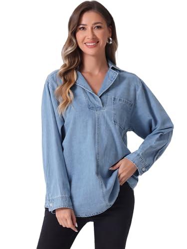 Allegra K Damen Jeans Pullover V-Ausschnitt Langarm Lässiges Denim Blusen Oberteil Hellblau S von Allegra K