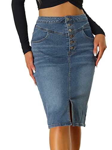 Allegra K Damen Jeansröcke, lässig, hohe Taille, geteilter Saum, figurbetont, Denim, Bleistiftrock, Blau, Mittel von Allegra K