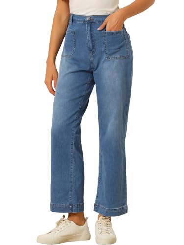 Allegra K Damen Jeans mit Weitem Bein Hohe Taille Dehnbar Gerades Bein lockere Denim Hosen Blau XL von Allegra K