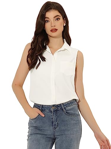 Allegra K Damen Jeansbluse Ärmellose Shirt V-Ausschnitt Weste Denim Bluse Weiß M von Allegra K