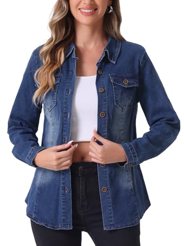 Allegra K Damen Jeanshemd Langarm Button-Down Tasche Trendy Denim Shirts Denim Oberteil Shirt Blau S von Allegra K