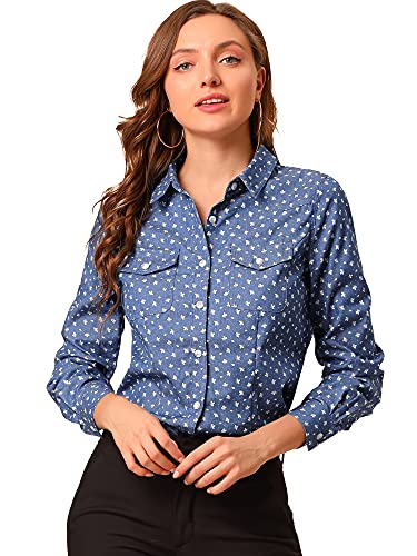 Allegra K Damen Jeanshemd Langarm Point Collar Chambray Popeline Button Down Shirt Top, Blau floral, Groß von Allegra K