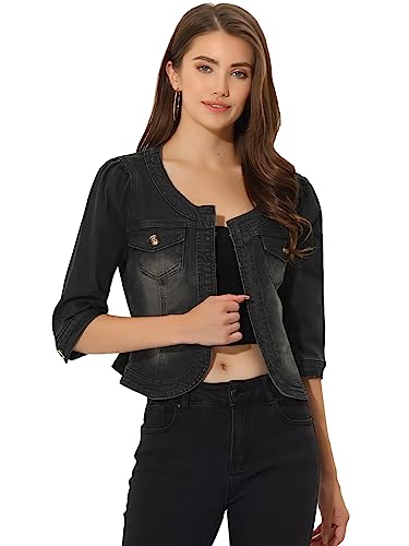 Allegra K Damen Jeansjacke 3/4 Ärmel Open Front Kragenlos Jacke mit Taschen Schwarz XS von Allegra K