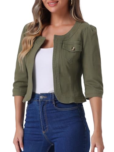 Allegra K Damen Jeansjacke 3/4 Ärmel Open Front Kragenlos Jacke mit Taschen Armeegrün XS von Allegra K