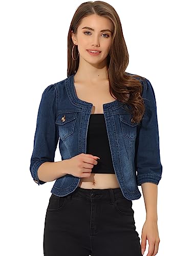 Allegra K Damen Jeansjacke 3/4 Ärmel Open Front Kragenlos Jacke mit Taschen Dunkelblau XS von Allegra K