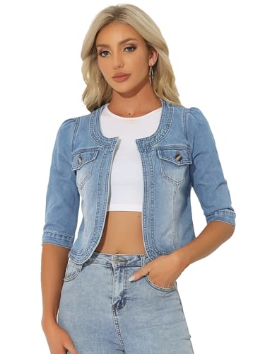 Allegra K Damen Jeansjacke 3/4 Ärmel Open Front Kragenlos Jacke mit Taschen Hellblau M von Allegra K