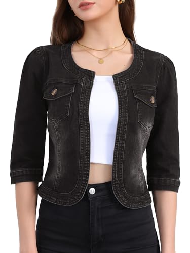 Allegra K Damen Jeansjacke 3/4 Ärmel Open Front Kragenlos Jacke mit Taschen Schwarz L von Allegra K