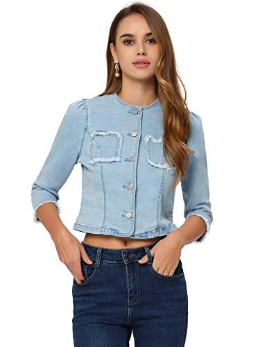 Allegra K Damen Jeansjacke 3/4-Ärmeln Rundhalsausschnitt Ausgefranst Lässig Denim Jacke Hellblau XS von Allegra K