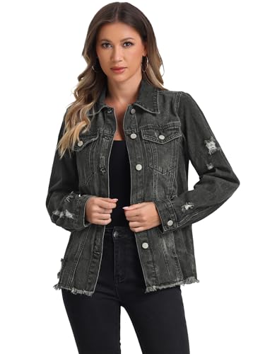 Allegra K Damen Jeansjacke Ausgefranst Verwaschen Button-Down Mit Taschen Jean Mäntel Schwarz M von Allegra K