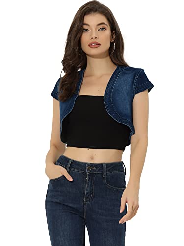 Allegra K Damen Jeansjacke Flügelärmeln Denim Casual Crop Offen Cardigan Slim Fit Jacke Dunkelblau XS von Allegra K