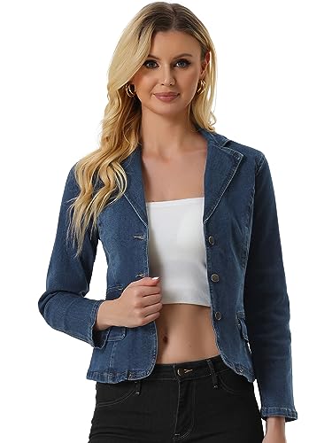 Allegra K Damen Jeansjacke Gekerbter Reverskragen Lässige Büro Jeans Blazer Dunkelblau M von Allegra K