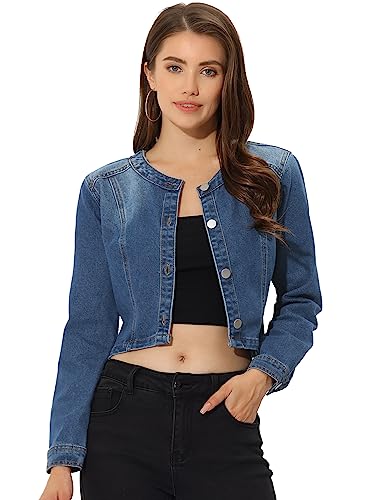 Allegra K Damen Jeansjacke Kurze Bolero Kragenlos Eleganter Knopfleiste Crop Denim Jacken Blau M von Allegra K