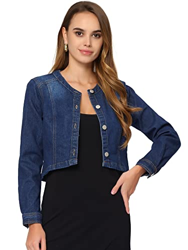 Allegra K Damen Jeansjacke Bolero Kurz Kragenlos Eleganter Knopfleiste Crop Denim Jacken Dunkelblau XS von Allegra K