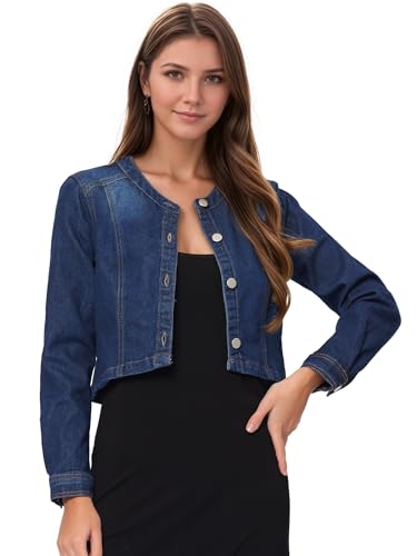 Allegra K Damen Jeansjacke Kurze Bolero Kragenlos Eleganter Knopfleiste Crop Denim Jacken Dunkelblau XS von Allegra K
