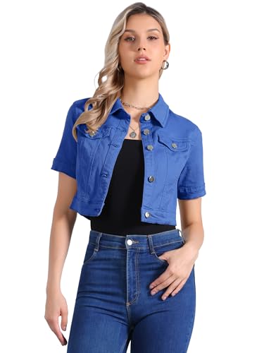 Allegra K Damen Jeansjacke Kurzarm Kurz Cropped Jeansjacken Knopfleiste Crop Jacket Kurze Denim Jacke Königsblau S von Allegra K