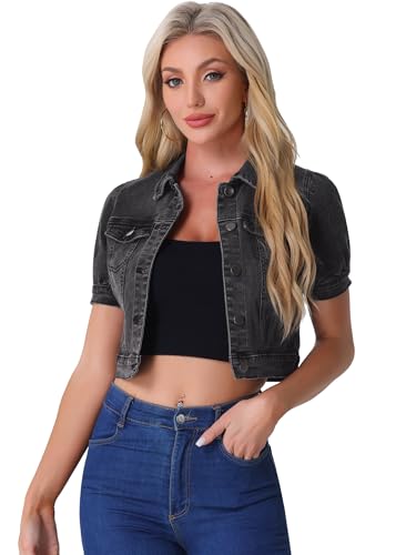Allegra K Damen Jeansjacke Kurz Gewaschene Puff Washed-Look Crop Denim Übergangsjacke Dunkel Grau M von Allegra K