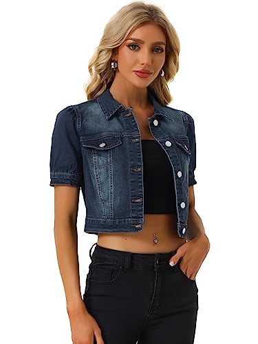 Allegra K Damen Jeansjacke Kurz Gewaschene Puff Washed-Look Crop Denim Übergangsjacke Dunkelblau XL von Allegra K