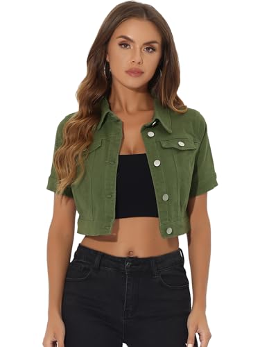Allegra K Damen Jeansjacke Kurzarm Kurz Cropped Jeansjacken Knopfleiste Crop Jacket Kurze Denim Jacke Grün XL von Allegra K