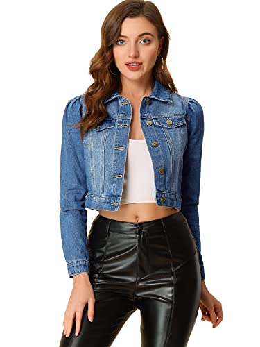 Allegra K Damen Jeansjacke Langarm Button Gewaschene Crop Jacke Blau M von Allegra K