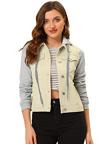 Allegra K Damen Jeansjacke mit Kapuze Langarm Button Panel Hoodie Denim Jacke Hell Khaki S von Allegra K