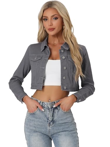 Allegra K Damen Jeansjacke Langarm Umlegekragen Knopfleiste Crop Denim Jacke Grau S von Allegra K