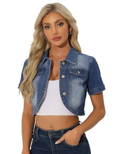 Allegra K Damen Jeansjacke Leichte Übergangsjacke Revers Kurzarm Bauchfreie Denim Jacke Mittelblau L von Allegra K