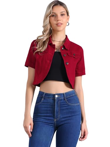 Allegra K Damen Jeansjacke Leichte Übergangsjacke Revers Kurzarm Bauchfreie Denim Jacke Rot S von Allegra K