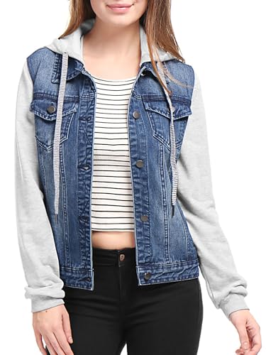 Allegra K Damen Jeansjacke mit Kapuze Langarm Button Panel Hoodie Denim Jacke Dunkelblau XL von Allegra K