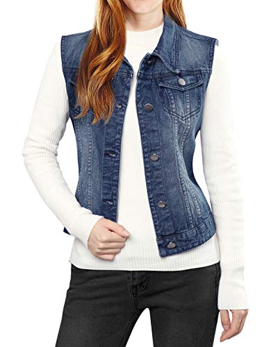 Allegra K Damen Jeansjacke mit Knöpfen, gewaschen, mit Brust-Pattentaschen, Dunkelblau, 3XL von Allegra K