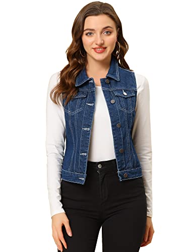 Allegra K Damen Jeansjacke mit Knöpfen, gewaschen, mit Brustklappentaschen, Dunkelblau-1, M von Allegra K