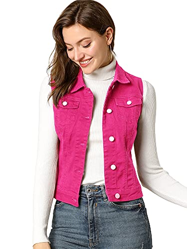 Allegra K Damen-Jeansjacke mit Knöpfen, gewaschen, mit Pattentaschen auf der Brust, Fuchsia, XL von Allegra K