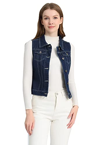 Allegra K Damen-Jeansjacke mit Knöpfen, gewaschen, mit Pattentaschen auf der Brust, Marineblau, L von Allegra K