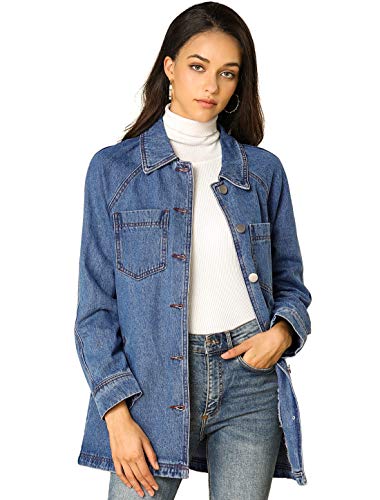 Allegra K Damen Jeansjacke mit Knopfleiste, lange Ärmel, gewaschen, lässige Jeansjacke, blau, X-Large von Allegra K