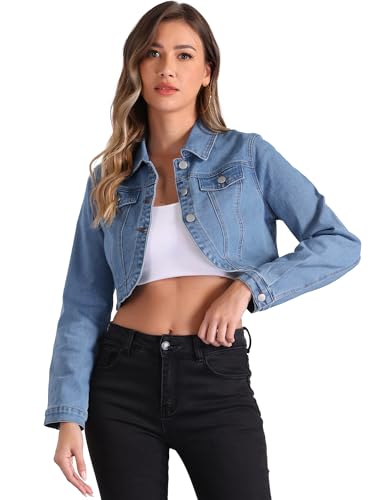 Allegra K Damen Jeansjacke mit Kragen Knopfleiste und langen Ärmeln Hellblau XL von Allegra K