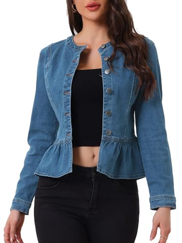 Allegra K Damen-Jeansjacke mit Schößchen, Kragenlos, Rundhalsausschnitt, Knopfleiste, Cropped-Rüschensaum, Denim Blau, M von Allegra K