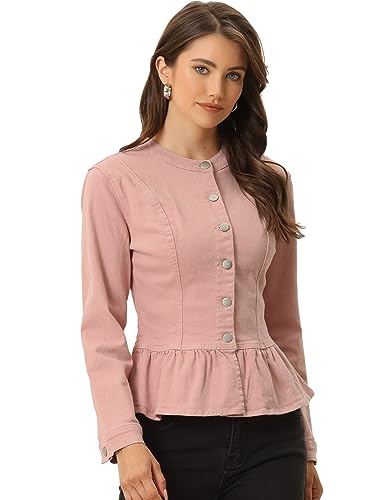 Allegra K Damen-Jeansjacke mit Schößchen, Kragenlos, Rundhalsausschnitt, Knopfleiste, Cropped-Rüschensaum, rosa - dusty pink, M von Allegra K