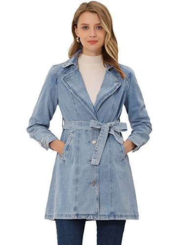 Allegra K Damen-Jeansjacke mit gekerbtem Revers und Gürtel, Blau Grau, S von Allegra K