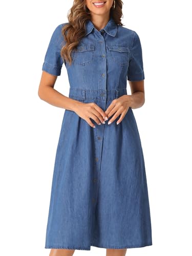 Allegra K Damen Jeanskleid A-Linie Knopfleiste Kragen Kurzarm Lässiges Denim Midi Kleider Blau M von Allegra K