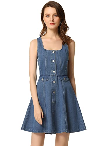 Allegra K Damen Jeanskleid Ärmellos Eckigem Ausschnitt Knopfleiste Flare Denim Kleid mit Taschen Blau XS von Allegra K