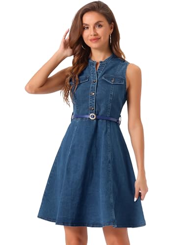 Allegra K Damen Jeanskleid Ärmellos Henley V-Ausschnitt Gürtel Denim Minikleid Kleid Blaue XL von Allegra K